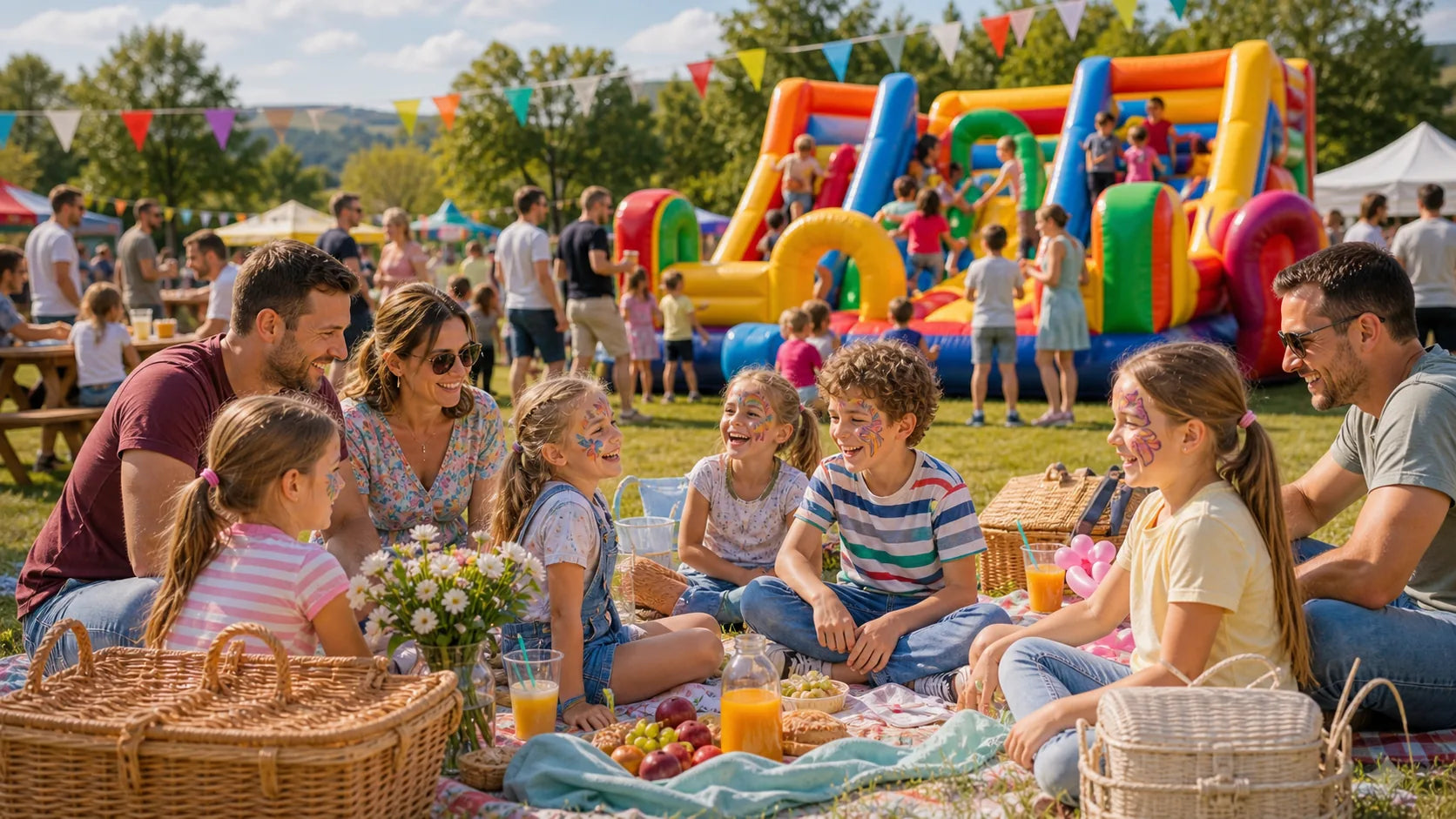 Piknik plenerowy z dziećmi i dmuchanym torem