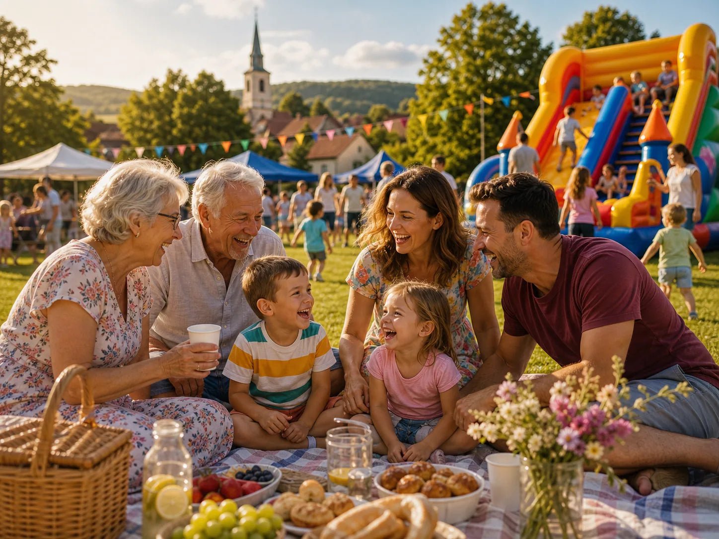 Rodzinny piknik z dmuchanymi atrakcjami