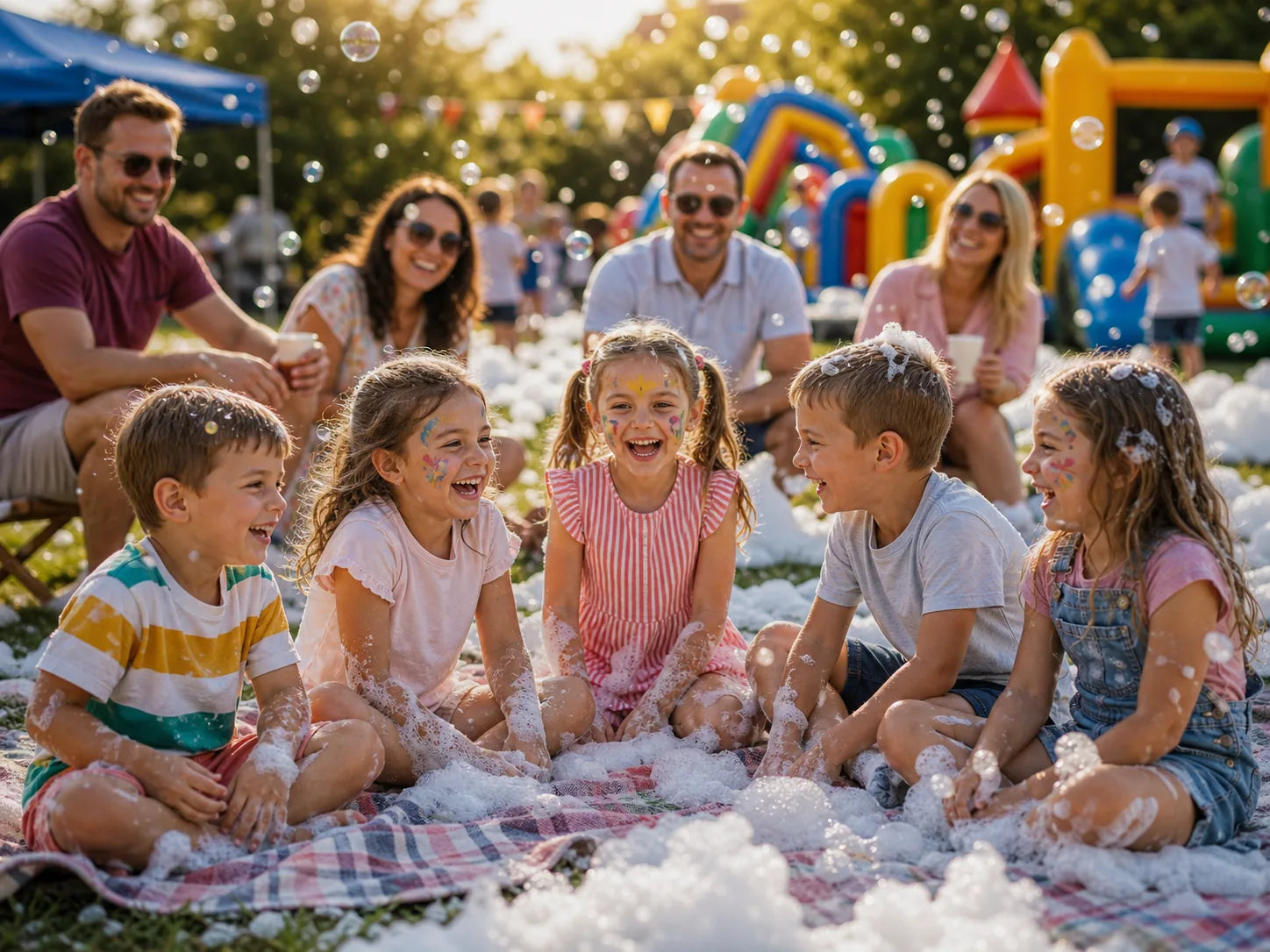 Dzieci po Piana Party siedzą na kocach